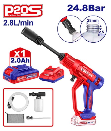 20V Cordless Pressure Washer 24.8Bar 2.8L/min Auto Stop with Foam Producer Hose Bag Battery and Charger